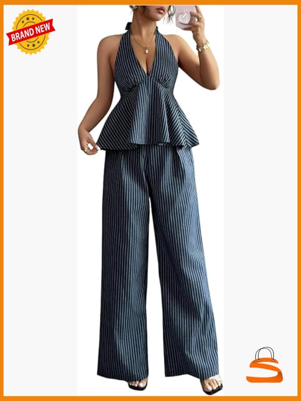 Striped Open Back Halter Peplum Top with Matching Pants Set